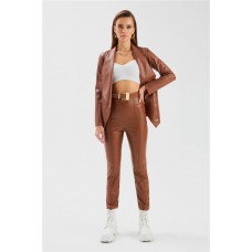 Yüksek bel nervur detaylı deri pantolon kahve