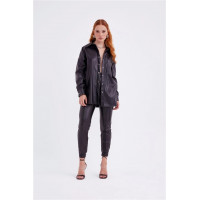 Yüksek bel nervur detaylı deri pantolon siyah