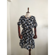 Mavi Desenli Kısa Kollu Elbise